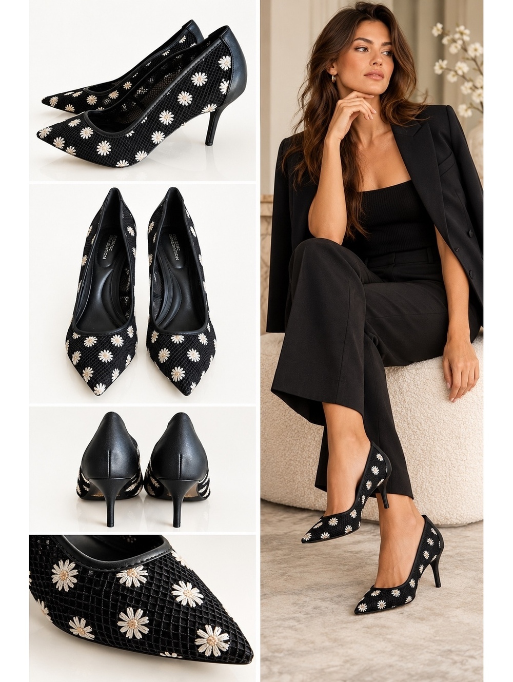 BCBG Generation Bissha Black Mesh Daisy Embroidered Pointed Toe Pumps Size 9